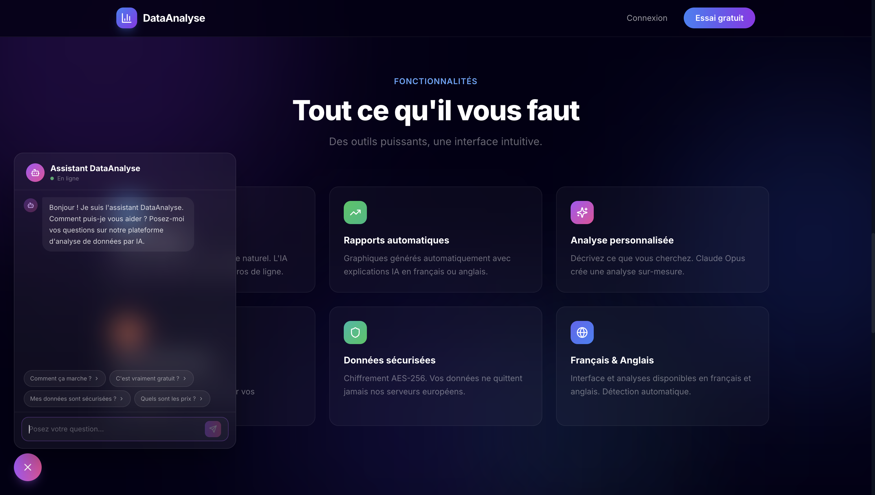 Fonctionnalités — Chat IA, rapports, analyse personnalisée