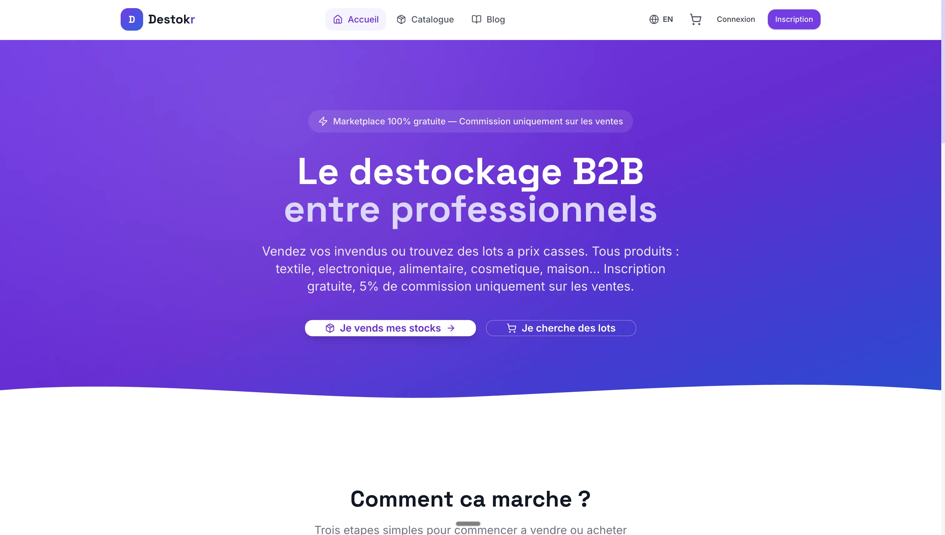 Destokr — Marketplace B2B de déstockage entre professionnels