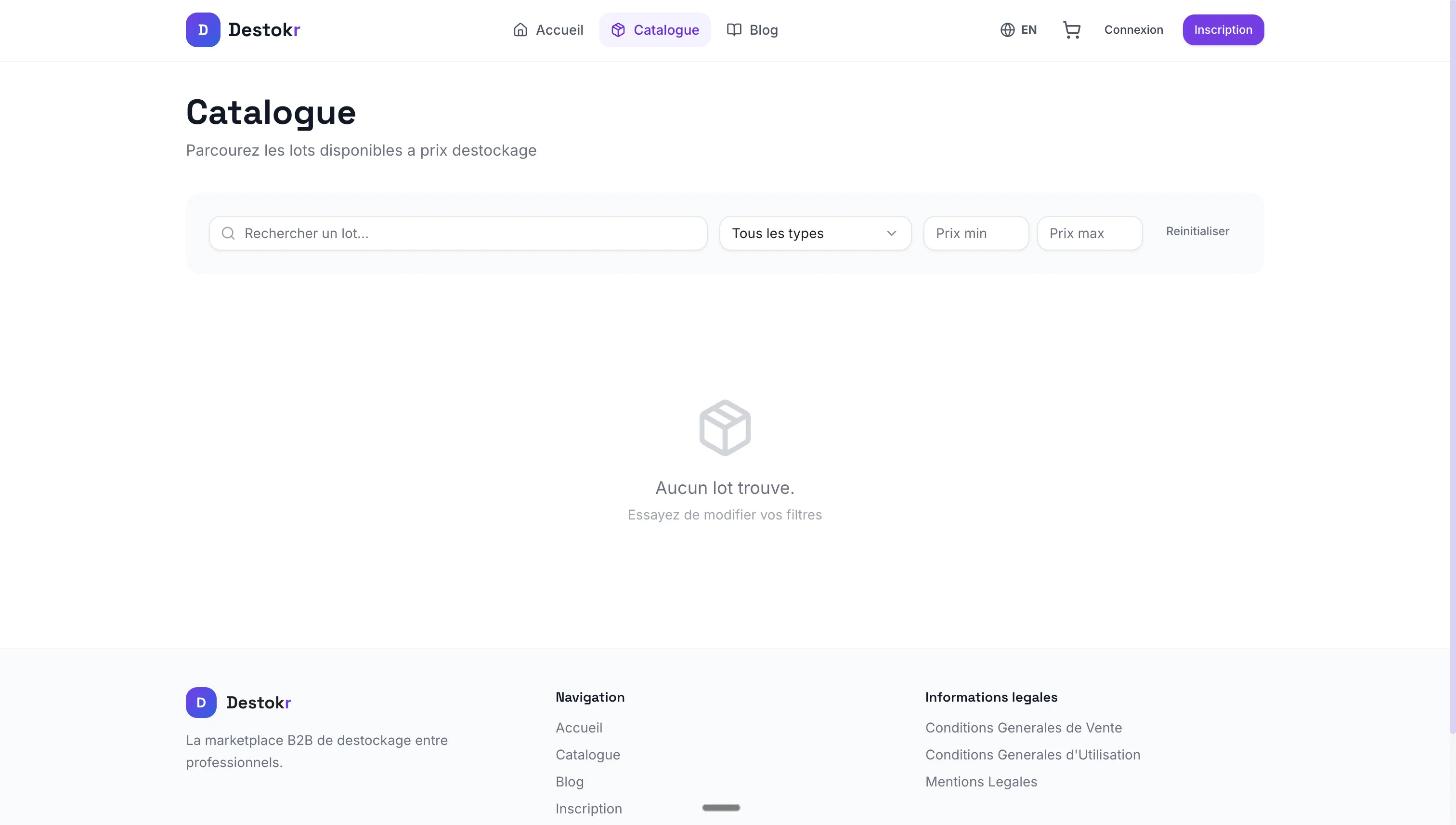 Destokr — Catalogue avec filtres avancés par type et prix